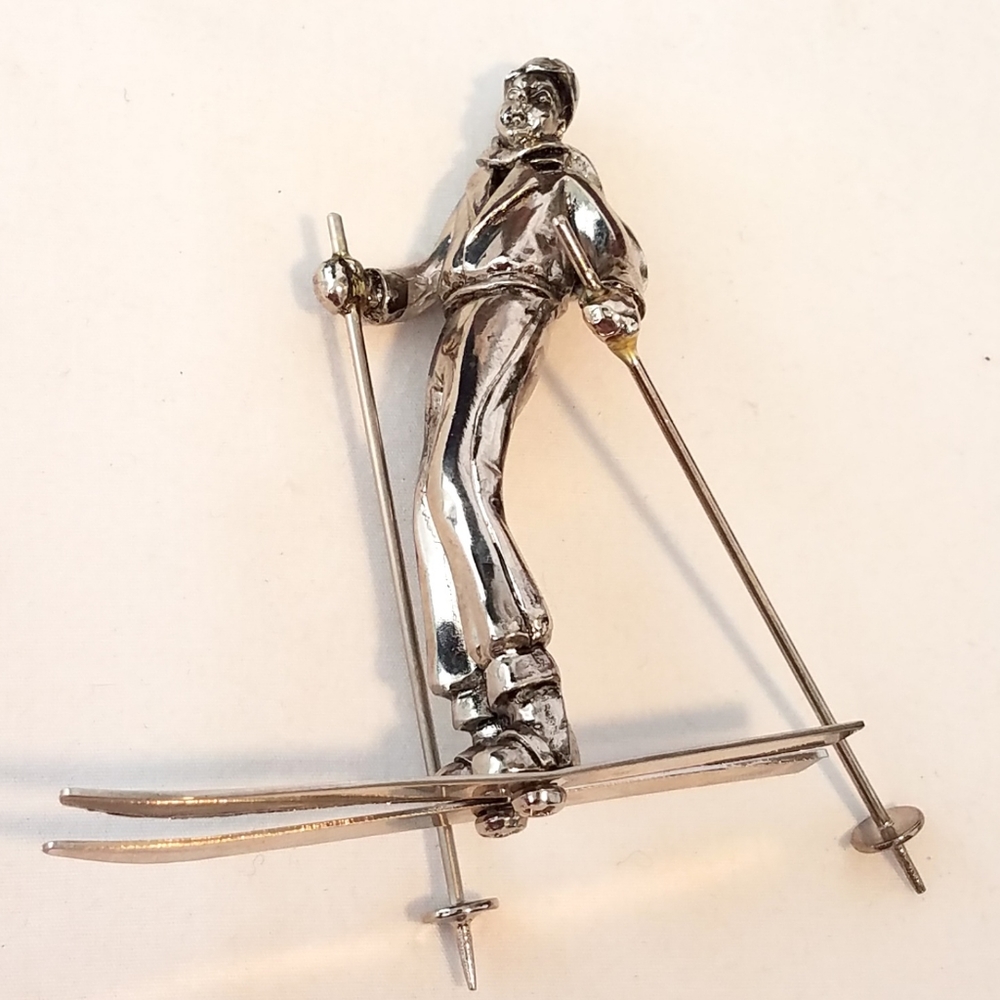 Cross Country Skier Silver Tone Metal Figurine